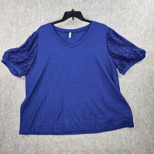 Olrik Womens Top Lace Sleeve Royal Blue Size 4X Polyester/Spandex V-Neck Blouse